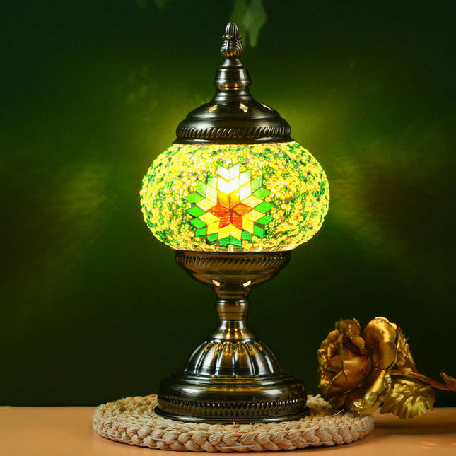 Green Exotic Mosaic Table Lamp Handmade Turkish Moroccan Style 3-Color LED.