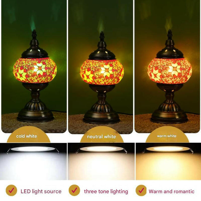 Blue Prism Exotic Mosaic Table Lamp Handmade Turkish Moroccan Style 3-Color LED.