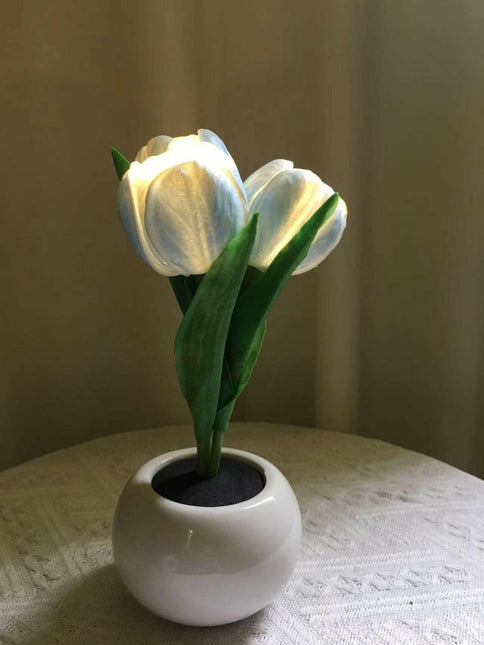 Blue Charging Model Artificial Tulip Bouquet LED Light Ceramic Pot Desk Lamp.