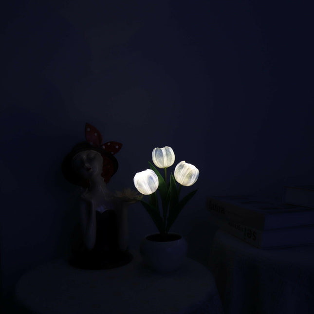 Blue Charging Model Artificial Tulip Bouquet LED Light Ceramic Pot Desk Lamp.