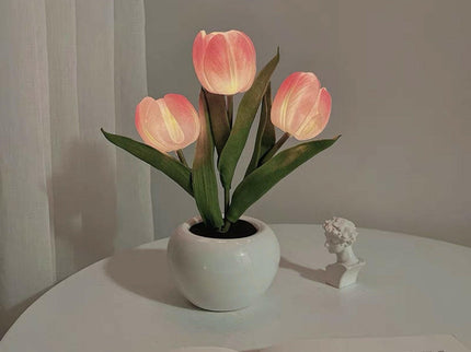 Pink Charging Model Artificial Tulip Bouquet LED Light Ceramic Pot Desk Lamp.