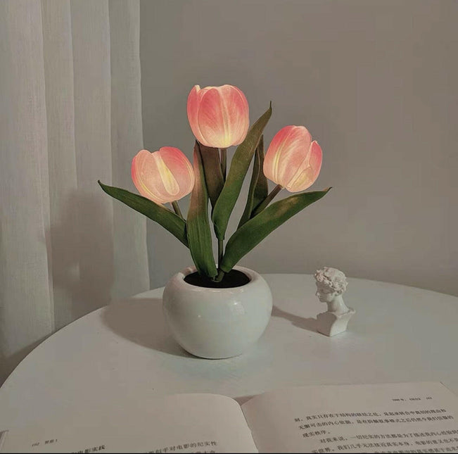 Pink Charging Model Artificial Tulip Bouquet LED Light Ceramic Pot Desk Lamp.