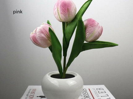 Pink Charging Model Artificial Tulip Bouquet LED Light Ceramic Pot Desk Lamp.