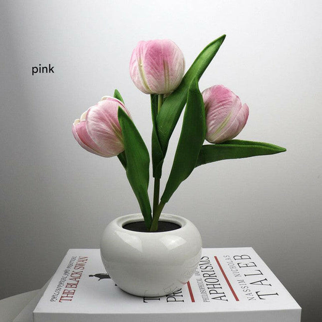 Pink Charging Model Artificial Tulip Bouquet LED Light Ceramic Pot Desk Lamp.