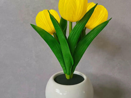 Yellow Charging Model Artificial Tulip Bouquet LED Light Ceramic Pot Desk Lamp.