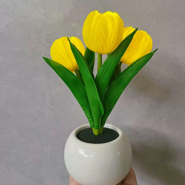 Yellow Charging Model Artificial Tulip Bouquet LED Light Ceramic Pot Desk Lamp.