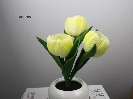 Yellow Charging Model Artificial Tulip Bouquet LED Light Ceramic Pot Desk Lamp.