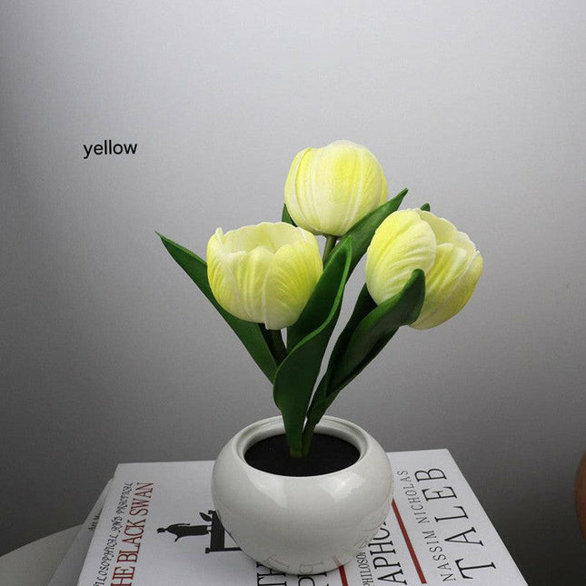 Yellow Charging Model Artificial Tulip Bouquet LED Light Ceramic Pot Desk Lamp.