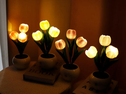 Yellow Charging Model Artificial Tulip Bouquet LED Light Ceramic Pot Desk Lamp.