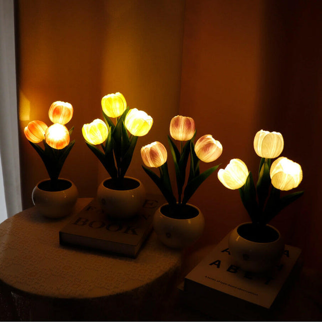 Yellow Charging Model Artificial Tulip Bouquet LED Light Ceramic Pot Desk Lamp.