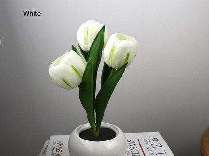 White Charging Model Artificial Tulip Bouquet LED Light Ceramic Pot Desk Lamp.