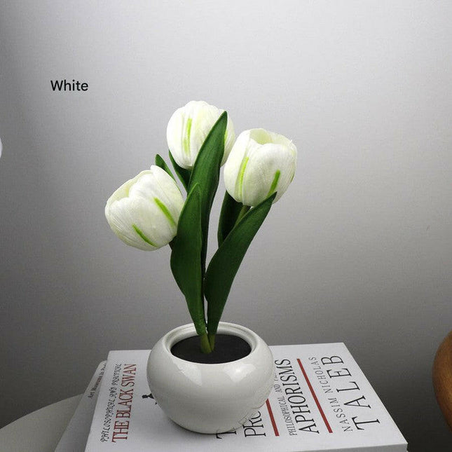 White Charging Model Artificial Tulip Bouquet LED Light Ceramic Pot Desk Lamp.