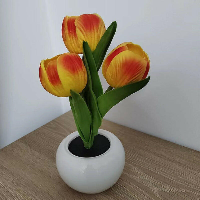 Orange Charging Model Artificial Tulip Bouquet LED Light Ceramic Pot Desk Lamp.