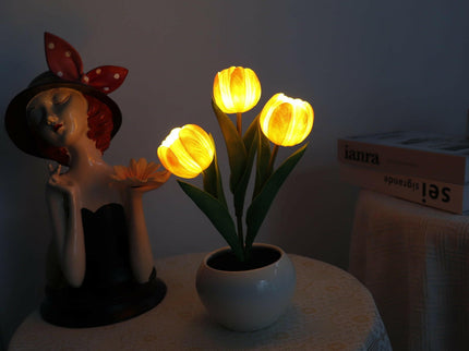 Orange Charging Model Artificial Tulip Bouquet LED Light Ceramic Pot Desk Lamp.