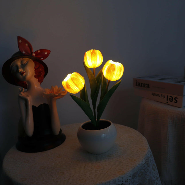 Orange Charging Model Artificial Tulip Bouquet LED Light Ceramic Pot Desk Lamp.
