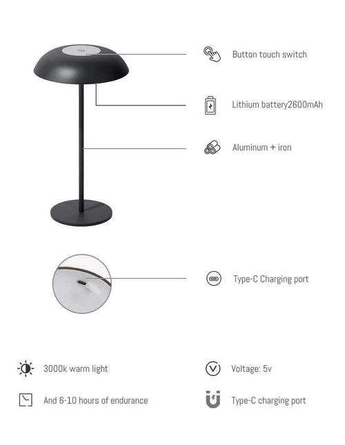 Brown Minimalist Rechargeable LED Touch Table Lamp 3-Color Dimming Metal Desk Light.