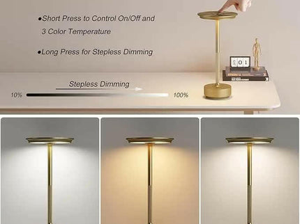 Gold Elegant Aluminum Alloy Rechargeable LED Touch Lamp - 3-Color Dimmable Cordless Table Light.