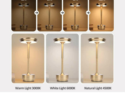 Gold Elegant Aluminum Alloy Rechargeable LED Touch Lamp - 3-Color Dimmable Cordless Table Light.