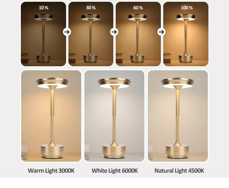 Gold Elegant Aluminum Alloy Rechargeable LED Touch Lamp - 3-Color Dimmable Cordless Table Light.