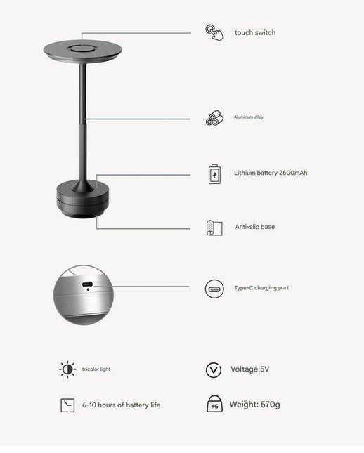 Gold Elegant Aluminum Alloy Rechargeable LED Touch Lamp - 3-Color Dimmable Cordless Table Light.