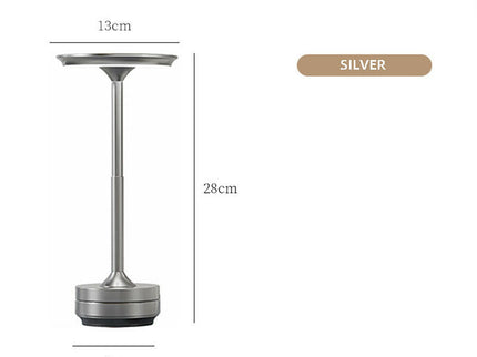 Silver Elegant Aluminum Alloy Rechargeable LED Touch Lamp 3-Color Dimmable Cordless Table Light.