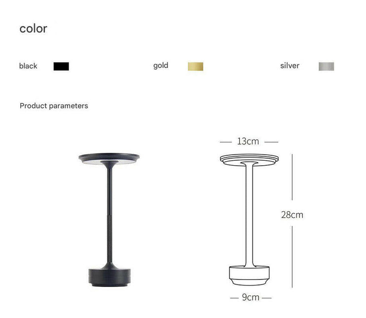 Black Elegant Aluminum Alloy Rechargeable LED Touch Lamp - 3-Color Dimmable Cordless Table Light.