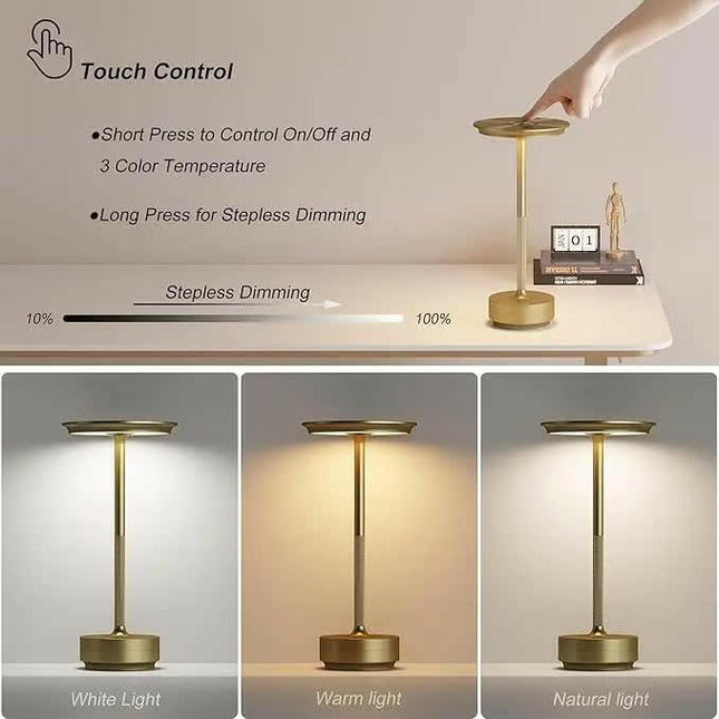 Black Elegant Aluminum Alloy Rechargeable LED Touch Lamp - 3-Color Dimmable Cordless Table Light.
