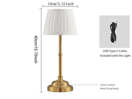 Gold and White Elegant Rechargeable Fabric Shade LED Lamp Cordless Touch Stepless Dimmable Table Light.