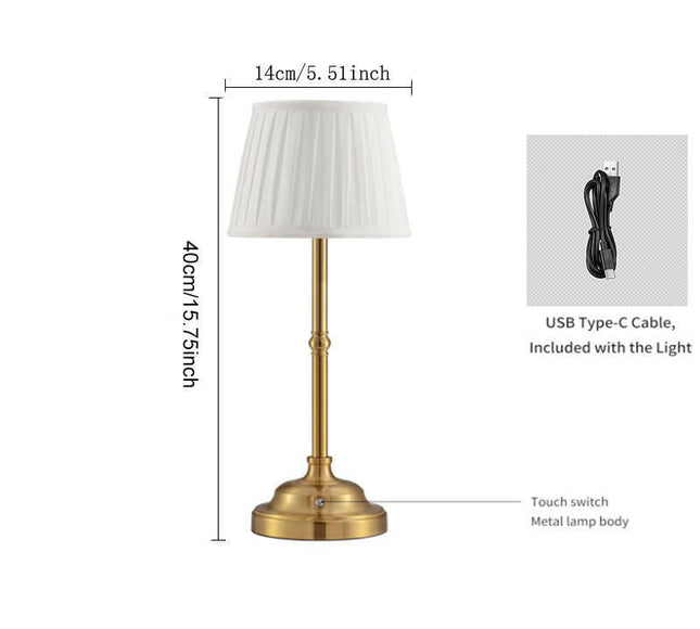 Gold and White Elegant Rechargeable Fabric Shade LED Lamp Cordless Touch Stepless Dimmable Table Light.