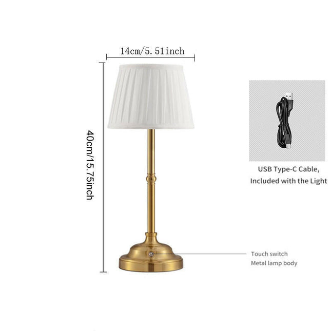 Gold and White Elegant Rechargeable Fabric Shade LED Lamp Cordless Touch Stepless Dimmable Table Light.