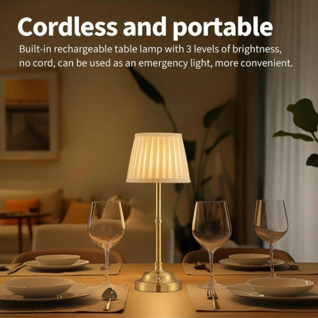Gold and White Elegant Rechargeable Fabric Shade LED Lamp Cordless Touch Stepless Dimmable Table Light.