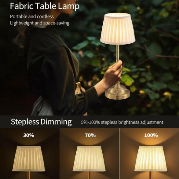 Gold and White Elegant Rechargeable Fabric Shade LED Lamp Cordless Touch Stepless Dimmable Table Light.