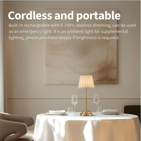 Gold and White Elegant Rechargeable Fabric Shade LED Lamp Cordless Touch Stepless Dimmable Table Light.