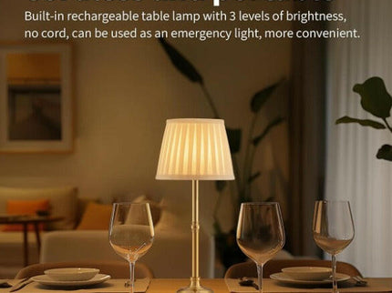 Gold and White Elegant Rechargeable Fabric Shade LED Lamp Cordless Touch Stepless Dimmable Table Light.