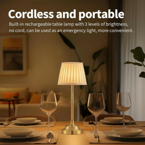 Gold and White Elegant Rechargeable Fabric Shade LED Lamp Cordless Touch Stepless Dimmable Table Light.