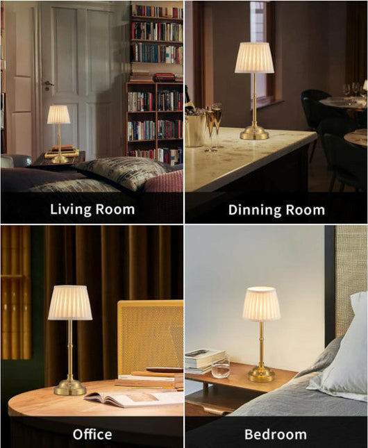Gold and White Elegant Rechargeable Fabric Shade LED Lamp Cordless Touch Stepless Dimmable Table Light.