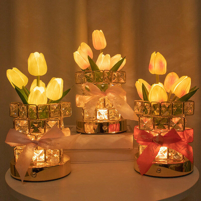 Red Elegant Crystal Tulip LED Night Light Rechargeable Touch Lamp with 3 Colors and Dimming.