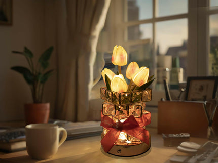 Red Elegant Crystal Tulip LED Night Light Rechargeable Touch Lamp with 3 Colors and Dimming.