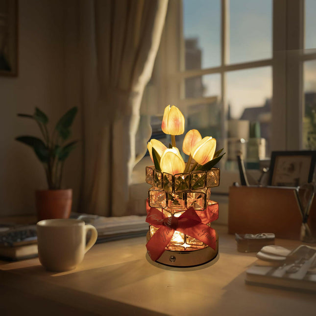 Red Elegant Crystal Tulip LED Night Light Rechargeable Touch Lamp with 3 Colors and Dimming.