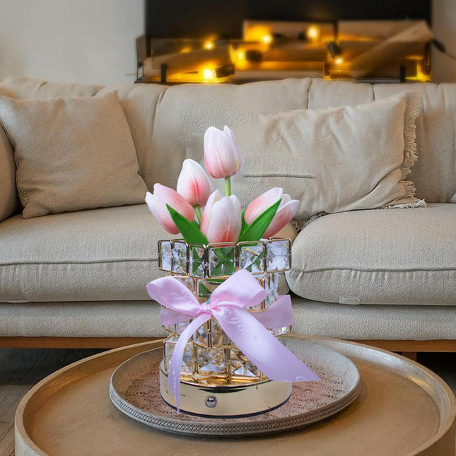 Pink Elegant Crystal Tulip LED Night Light Rechargeable Touch Lamp with 3 Colors and Dimming.