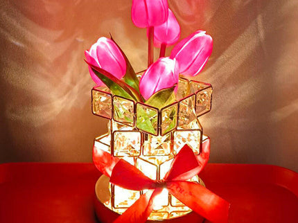 Pink Elegant Crystal Tulip LED Night Light Rechargeable Touch Lamp with 3 Colors and Dimming.