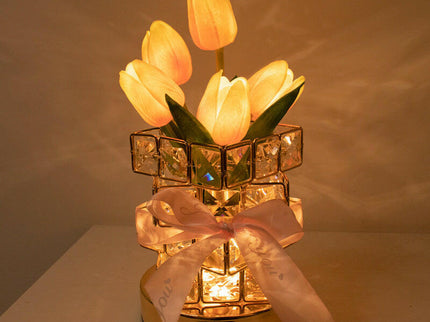 Pink Elegant Crystal Tulip LED Night Light Rechargeable Touch Lamp with 3 Colors and Dimming.