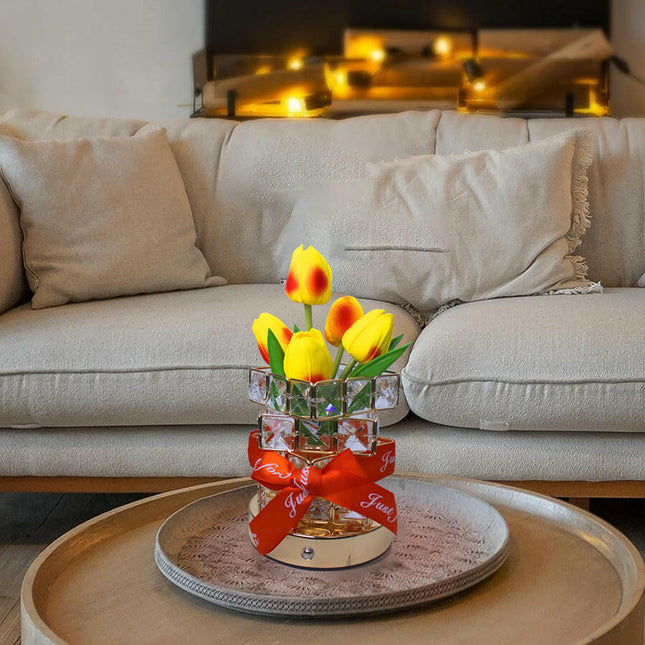 Yellow Elegant Crystal Tulip LED Night Light Rechargeable Touch Lamp with 3 Colors and Dimming.