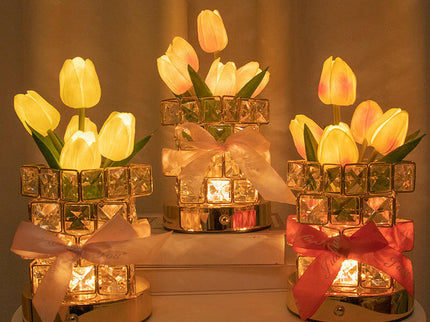 Yellow Elegant Crystal Tulip LED Night Light Rechargeable Touch Lamp with 3 Colors and Dimming.
