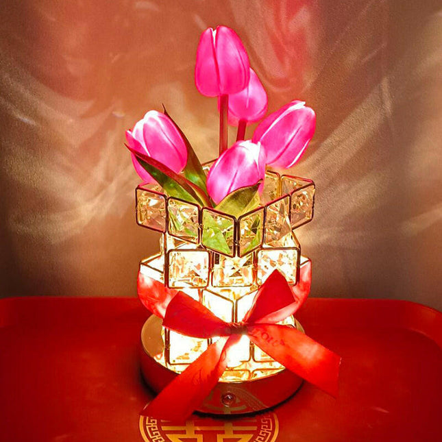 Yellow Elegant Crystal Tulip LED Night Light Rechargeable Touch Lamp with 3 Colors and Dimming.