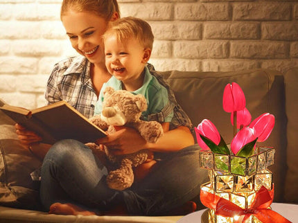 Yellow Elegant Crystal Tulip LED Night Light Rechargeable Touch Lamp with 3 Colors and Dimming.