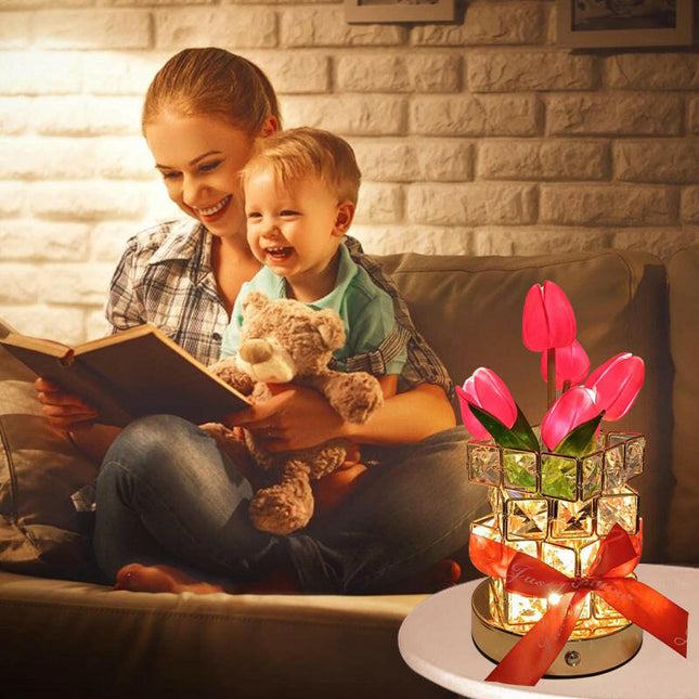 Yellow Elegant Crystal Tulip LED Night Light Rechargeable Touch Lamp with 3 Colors and Dimming.