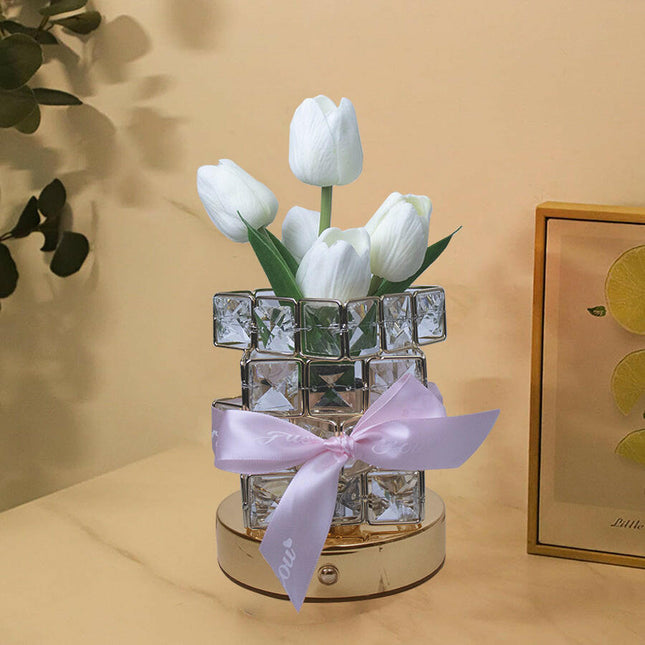 Yellow Elegant Crystal Tulip LED Night Light Rechargeable Touch Lamp with 3 Colors and Dimming.