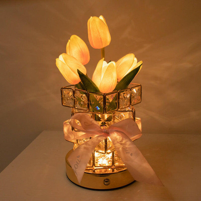 White Elegant Crystal Tulip LED Night Light Rechargeable Touch Lamp with 3 Colors Dimming.