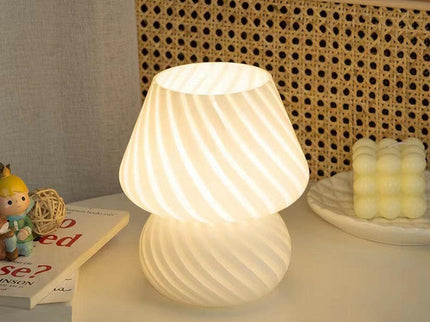 White Retro Swirl Glass Mushroom Table Lamp USB Dimmable Bedside Accent Light.
